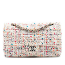 Chanel B Chanel White with Multi Tweed Fabric Medium Classic Double Flap France