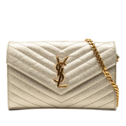 Saint Laurent Gold Metallic Grain De Poudre Matelasse Chevron Monogram Chain Wallet Italy