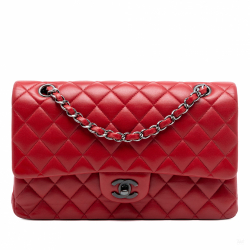 Chanel Classic Double Flap Medium Lambskin Leather Matelassè Shoulder Bag Red