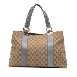 Gucci B Gucci Brown Beige Canvas Fabric GG Bamboo Libeccio Tote Italy