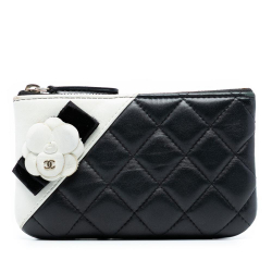 Chanel B Chanel Black Lambskin Leather Leather CC Quilted Lambskin Camellia Pouch Italy