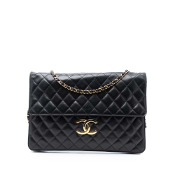 Chanel B Chanel Black Lambskin Leather Leather Maxi XL Quilted Lambskin Clutch with Chain Italy