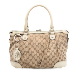 Gucci B Gucci Brown Beige Canvas Fabric GG Sukey Satchel Italy