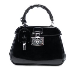 Gucci AB Gucci Black Calf Leather Mini Polished Bamboo Lady Lock Top Handle Bag Italy