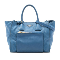 Prada B Prada Blue Calf Leather Vitello Daino Front Pocket Open Convertible Tote Turkey