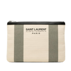 Saint Laurent AB Saint Laurent White Ivory with Green Mint Canvas Fabric Beach Zip Clutch Italy