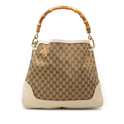 Gucci B Gucci Brown Beige with White Canvas Fabric GG Bamboo Diana Satchel Italy