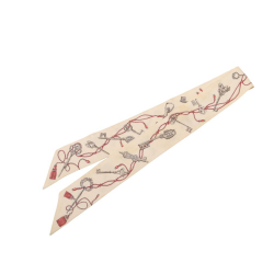 Hermès B Hermès Brown Beige Silk Fabric Les Cles a Pois Twilly Scarf France