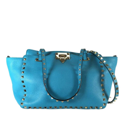 Valentino AB Valentino Blue Light Blue Calf Leather Small Grained skin Rockstud Trapeze Satchel Italy
