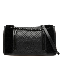 Chanel B Chanel Black Lambskin Leather Leather Large CC Quilted Lambskin and Shearling Single Flap Italy