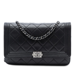 Chanel AB Chanel Black Lambskin Leather Leather Quilted Lambskin Boy Wallet On Chain Italy