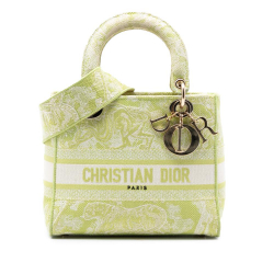 Christian Dior B Dior Green Lime Canvas Fabric Medium Embroidered Toile de Jouy Lady D Lite Italy