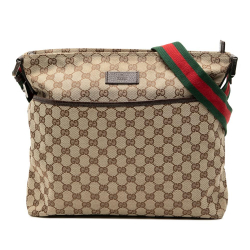 Gucci B Gucci Brown Beige Canvas Fabric GG Web Crossbody Italy