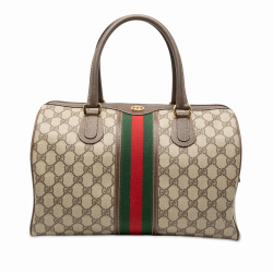 Gucci B Gucci Brown Coated Canvas Fabric GG Supreme Web Boston Bag Italy