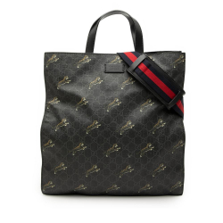 Gucci B Gucci Black Coated Canvas Fabric GG Supreme Tiger Convertible Soft Tote Italy