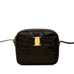 Ferragamo AB Ferragamo Brown Dark Brown Calf Leather Croc Embossed Vara Crossbody Italy