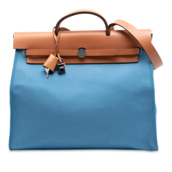Hermès AB Hermès Blue Light Blue with Brown Canvas Fabric Toile Herbag Zip 39 France