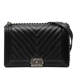 Chanel AB Chanel Black Lambskin Leather Leather Medium Chevron Lambskin Boy Flap Italy