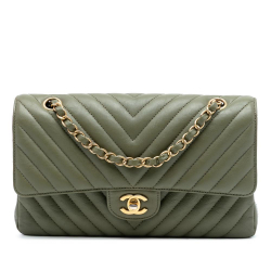 Chanel Green Olive Green Lambskin Leather Leather Medium Classic Chevron Lambskin Double Flap France