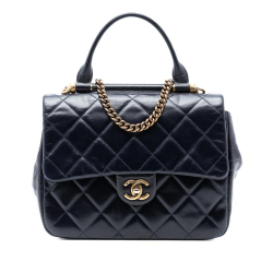 Chanel AB Chanel Blue Navy Calf Leather Medium Quilted Glazed skin Gold Bar Top Handle Flap Italy