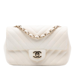 Chanel White Mini Rectangular Classic Chevron Lambskin Single Flap Italy