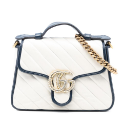 Gucci B Gucci White Calf Leather Mini GG Marmont Matelasse Diagonal Torchon Top Handle Bag Italy