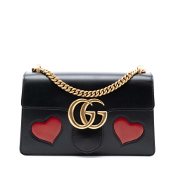 Gucci B Gucci Black Calf Leather Medium GG Marmont Malaga Kid Heart Patch Chain Flap Italy