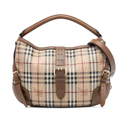 Burberry Brown Beige Coated Canvas Fabric Haymarket Check Stitched and Leather Dunloe Satchel Italy