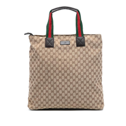 Gucci B Gucci Brown Beige Canvas Fabric GG Web Tote Italy