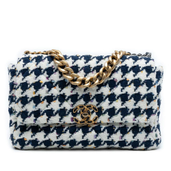 Chanel AB Chanel Blue Navy with White Tweed Fabric Large Houndstooth 19 Flap Italy