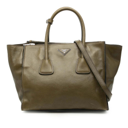 Prada B Prada Brown Dark Khaki Calf Leather Glace Twin Pocket Double Handle Satchel Italy