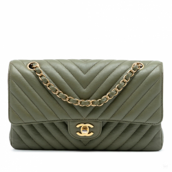 Chanel Classic Double Flap Medium Lambskin Leather Chevron Shoulder Bag Green