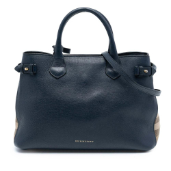 Burberry B Burberry Blue Navy with Brown Light Brown Calf Leather Medium and House Check Banner Satchel Italy