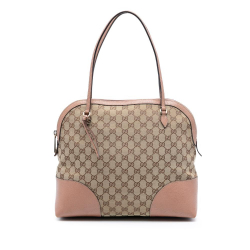 Gucci B Gucci Brown Beige Canvas Fabric Medium GG Bree Dome Tote Italy