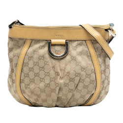 Gucci B Gucci Brown Light Beige Canvas Fabric GG Abbey D Ring Crossbody Italy