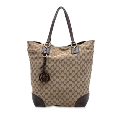 Gucci B Gucci Brown Beige Canvas Fabric Large GG GG Charm Tote Italy