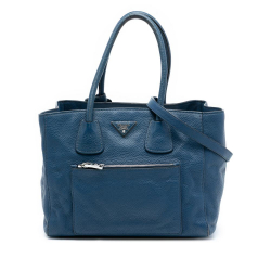 Prada B Prada Blue Calf Leather Vitello Daino Front Pocket Open Convertible Tote Italy