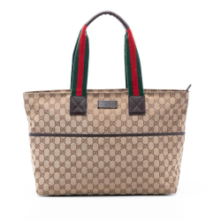 Gucci B Gucci Brown Beige Canvas Fabric GG Web Tote Italy