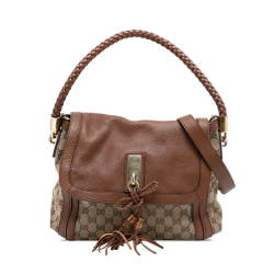 Gucci B Gucci Brown Beige Canvas Fabric GG Bella Flap Satchel Italy