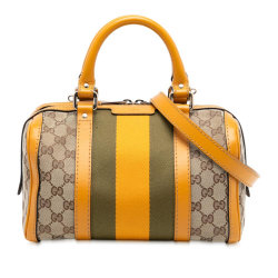 Gucci B Gucci Brown Beige Canvas Fabric Small GG Web Joy Boston Bag Italy