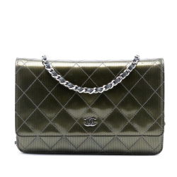 Chanel Green CC Quilted Metallic Patent Striped Wallet on Chain Spain