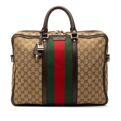Gucci B Gucci Brown Beige Canvas Fabric GG Web Briefcase Italy