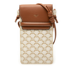 Celine AB Celine White with Brown Coated Canvas Fabric Triomphe Phone Pouch Flap Crossbody Italy