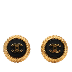 Chanel B Chanel Gold Gold Plated Metal CC and Enamel Round Clip on Earrings France