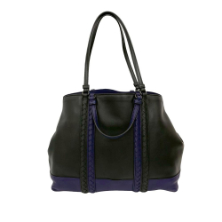 Bottega Veneta AB Bottega Veneta Black with Blue Nappa Leather Leather Intrecciato Trimmed Nappa Satchel Italy