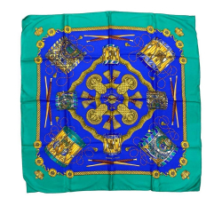 Hermès AB Hermès Blue with Green Silk Fabric Les Tambours Scarf France