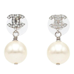 Chanel AB Chanel Silver Silver Plated Metal CC Crystal Faux Pearl Drop Push Back Earrings France