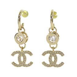 Chanel AB Chanel Gold Gold Plated Metal CC Crystal Drop Hoop Push Back Earrings Italy