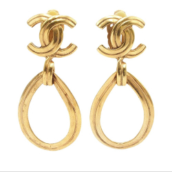 Chanel B Chanel Gold Gold Plated Metal CC Teardrop Dangle Hoop Clip On Earrings France
