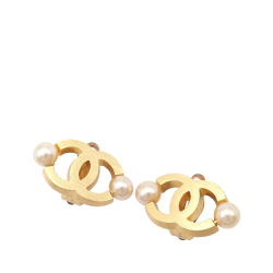 Chanel B Chanel Gold with White Pearl Gold Plated Metal CC Faux Pearl Clip on Earrings France